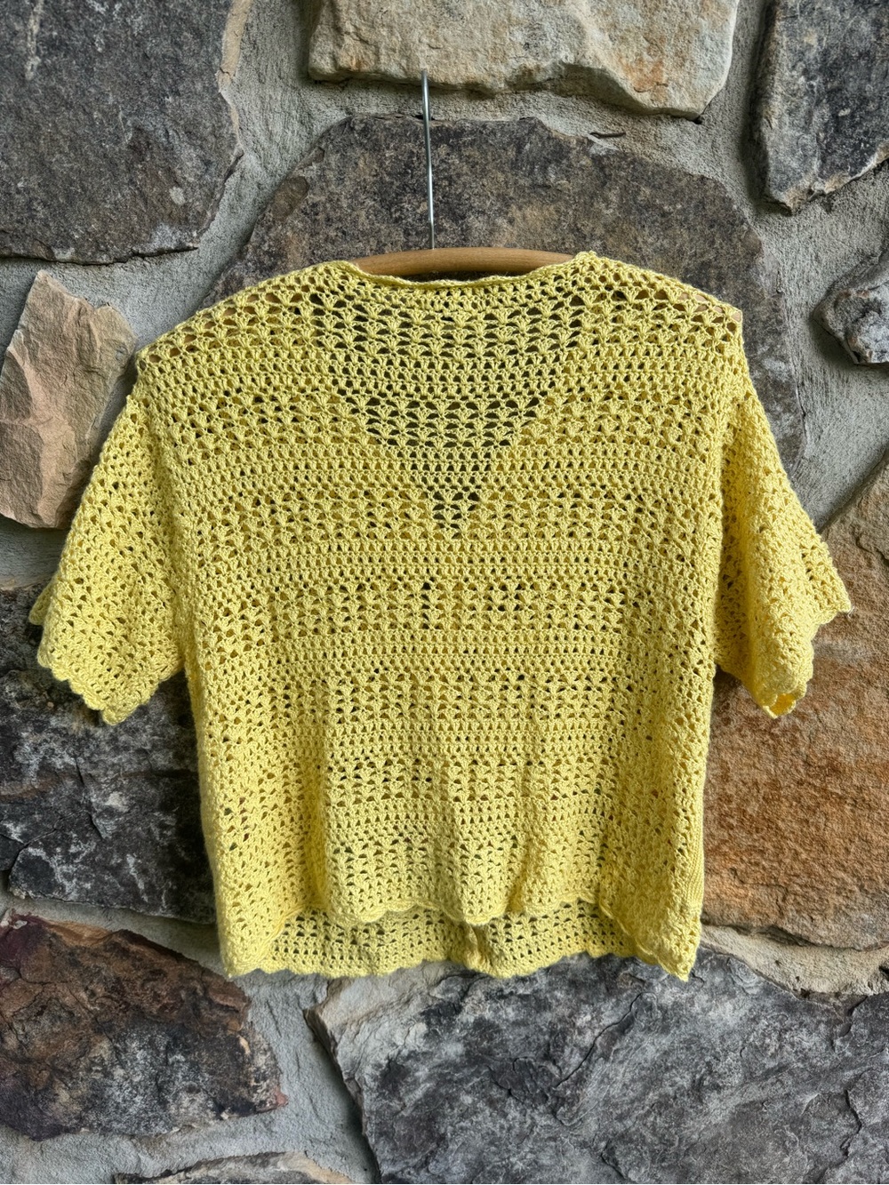 Vintage Yellow Crochet Knit Button-Front Short Sleeve Cardigan M Cross Stitch - Picture 8 of 15